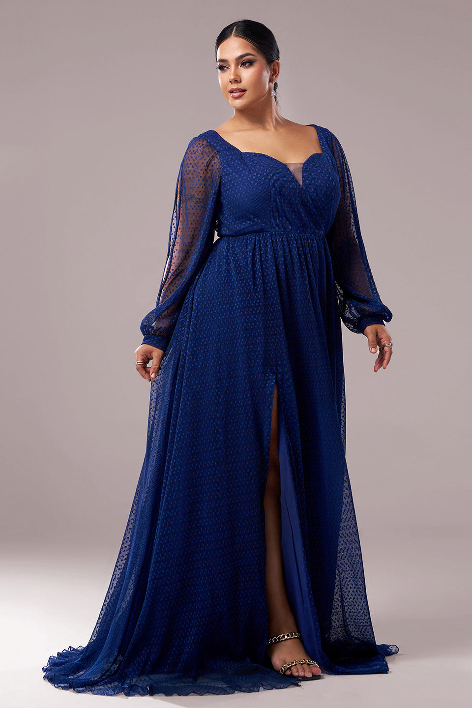 Curveins Plus Size V-Neck Long Sleeve Slit Waist-Defined Maxi Dress