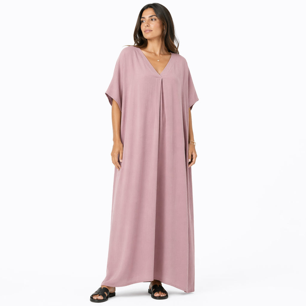 Women's long, flowy, oversized V-neck dress – chic and comfortable for summer.