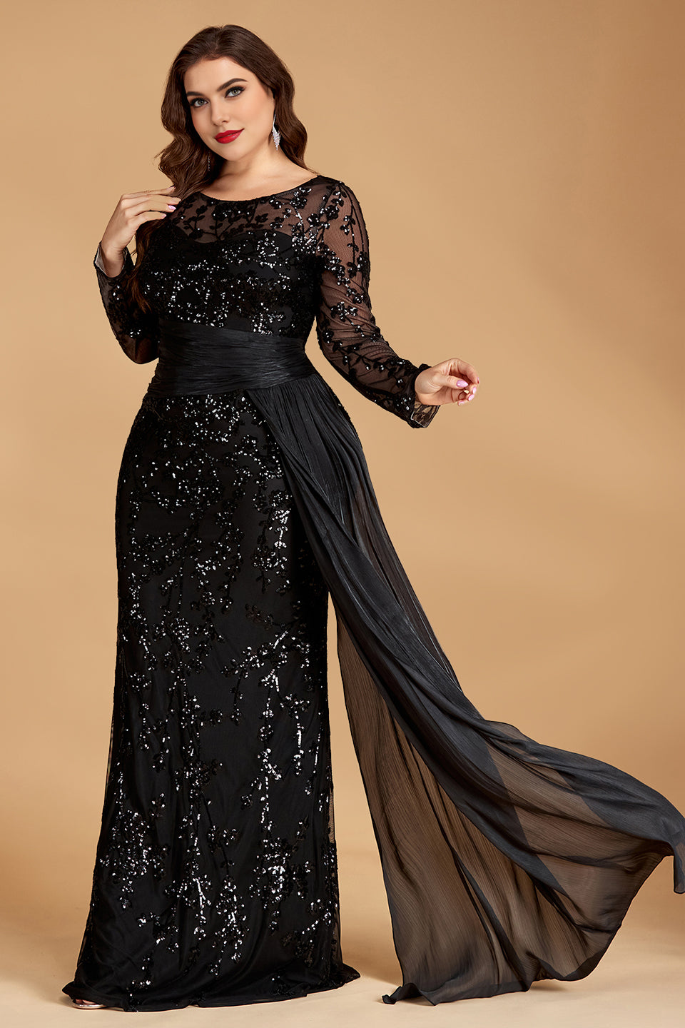 Curveins Plus Size Round Neck Embroidered Tie-Sash Bodycon Maxi Dress