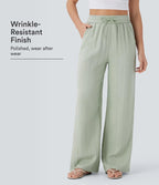 Casual High-Waisted Linen Trousers with Drawstring and Wide Pockets