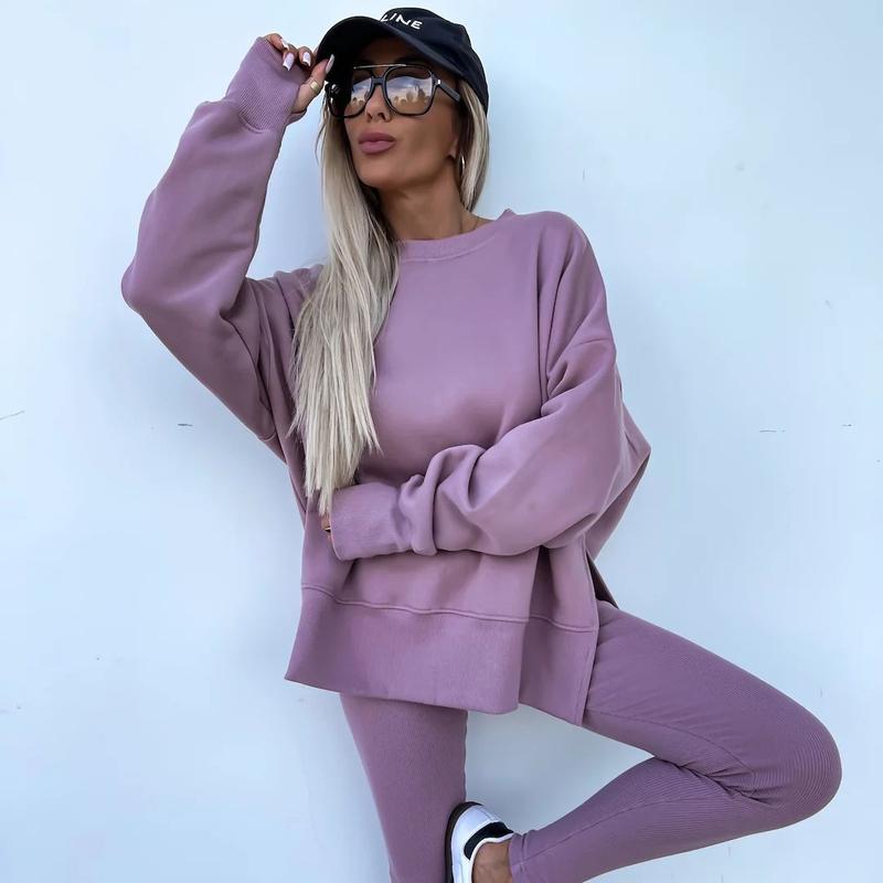 Oversize Two-Piece Set Women's  Split Hem Sweatshirt & Skinny Pants, Casual Fashion Cozy Round Neck Long Sleeve Pullover Women's Clothing for Fall & Basic Winter  Suits Womenswear Gamis