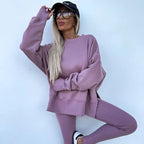 Oversize Two-Piece Set Women's  Split Hem Sweatshirt & Skinny Pants, Casual Fashion Cozy Round Neck Long Sleeve Pullover Women's Clothing for Fall & Basic Winter  Suits Womenswear Gamis