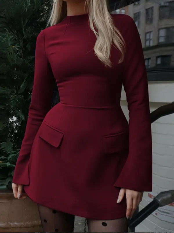 Women's Plain Split Flounce Sleeve Flap Detail A Line Dress, Elegant Long Sleeve Stand Collar Short Dress for Party Holiday Wedding Guest, Ladies Spring & Fall Clothes