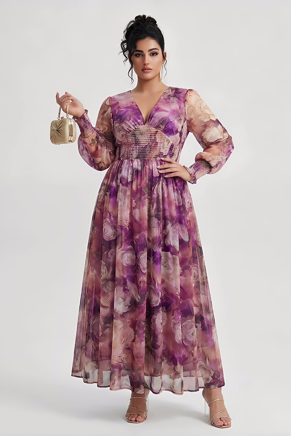 Curveins Plus Size V Neck Long Sleeve Floral Waist Maxi Dress