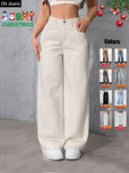 Women's Elastic Waist Pocket Button Denim Jeans, Casual Fashion Comfortable Pants for All Seasons, Perfect for Any Leisure Occasion, Denim Clothing