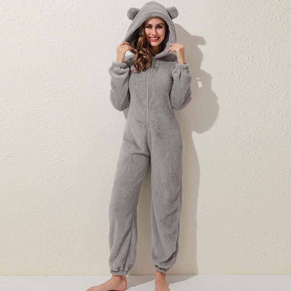 Womens Fleece Onesies Pajamas Jumpsuit Warm Sherpa Romper Sleepwear One Piece Zipper Hooded Playsuit Loungewear