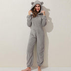 Womens Fleece Onesies Pajamas Jumpsuit Warm Sherpa Romper Sleepwear One Piece Zipper Hooded Playsuit Loungewear
