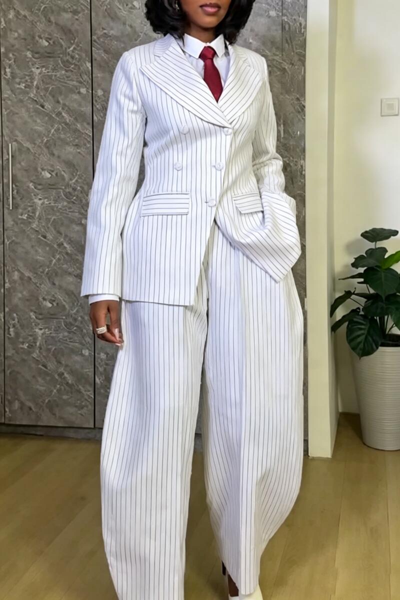 Women Collar Vertical Stripe Jacket+ Wide Leg Pants Temperament Commuting Formal Suit