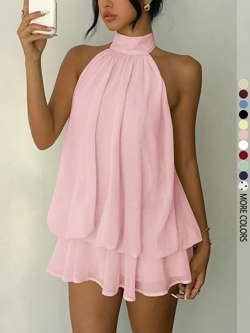 Women's Simple Solid Backless Halter One-Piece Jumpsuit, Elegant Ruffle Design, Perfect for Casual Wear, All Seasons Fashion