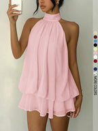 Women's Simple Solid Backless Halter One-Piece Jumpsuit, Elegant Ruffle Design, Perfect for Casual Wear, All Seasons Fashion