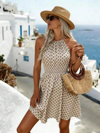 Women's All Over Print Halter Neck Dress, Boho Fashion Casual Sleeveless Short Dress for Beach Holiday Vacation, Ladies Summer Clothes