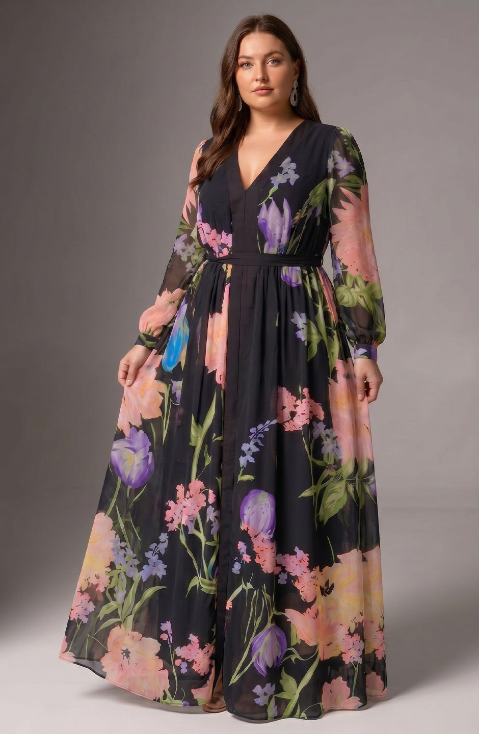 Curveins Plus Size V Neck Floral Long Sleeve Waist Tie Elegant Maxi Dress