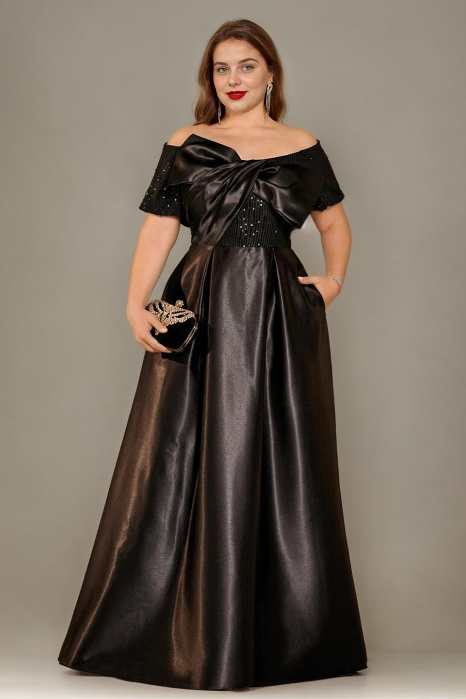 Curveins Plus Size Off Shoulder Bow Tie Front Waist Defining Long Dress Chic Maxi Dress
