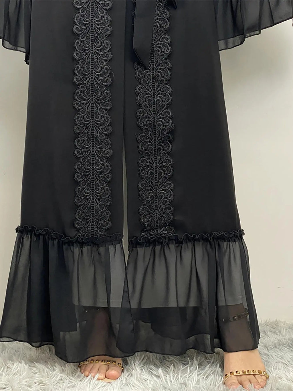 Arabic Clothing- Contrast Lace Belted Abaya without Hijabs, Summer Outfits, Arabic Fashion Long Sleeve Flounce Sleeve Dress, Modest Abaya Clothing for Women, Islamic Abaya