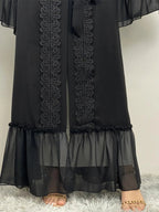 Arabic Clothing- Contrast Lace Belted Abaya without Hijabs, Summer Outfits, Arabic Fashion Long Sleeve Flounce Sleeve Dress, Modest Abaya Clothing for Women, Islamic Abaya