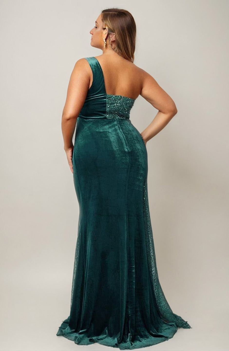 Curveins Plus Size One Shoulder Sequin Velvet Patchwork High Slit Maxi Dress