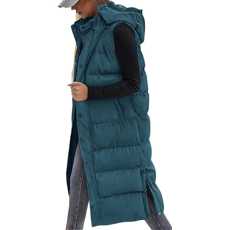 Women's Long Puffer Vest with Quilted Hood and Button Down Closure for Winter Coat 2025 - Tops, Womenswear