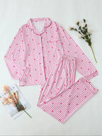 Two-Piece Set Women's All Over Bow Print Button Front Shirt & Pants Pyjama, Casual Comfy Long Sleeve Lapel Neck Top & Trousers PJ Set, Women's Sleepwear for Spring & Fall