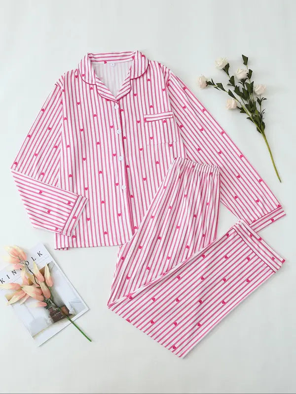 Two-Piece Set Women's All Over Bow Print Button Front Shirt & Pants Pyjama, Casual Comfy Long Sleeve Lapel Neck Top & Trousers PJ Set, Women's Sleepwear for Spring & Fall