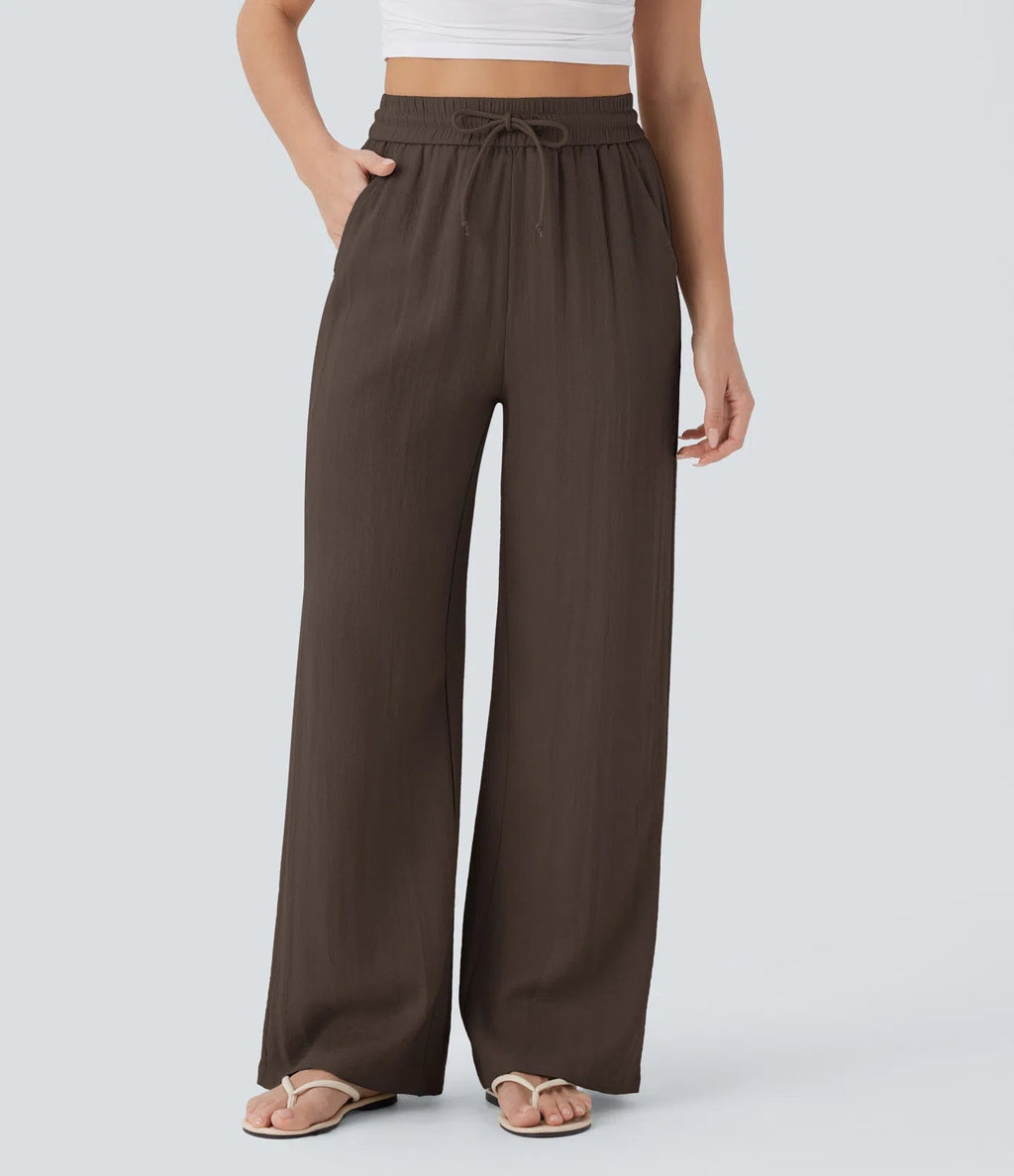 Casual High-Waisted Linen Trousers with Drawstring and Wide Pockets