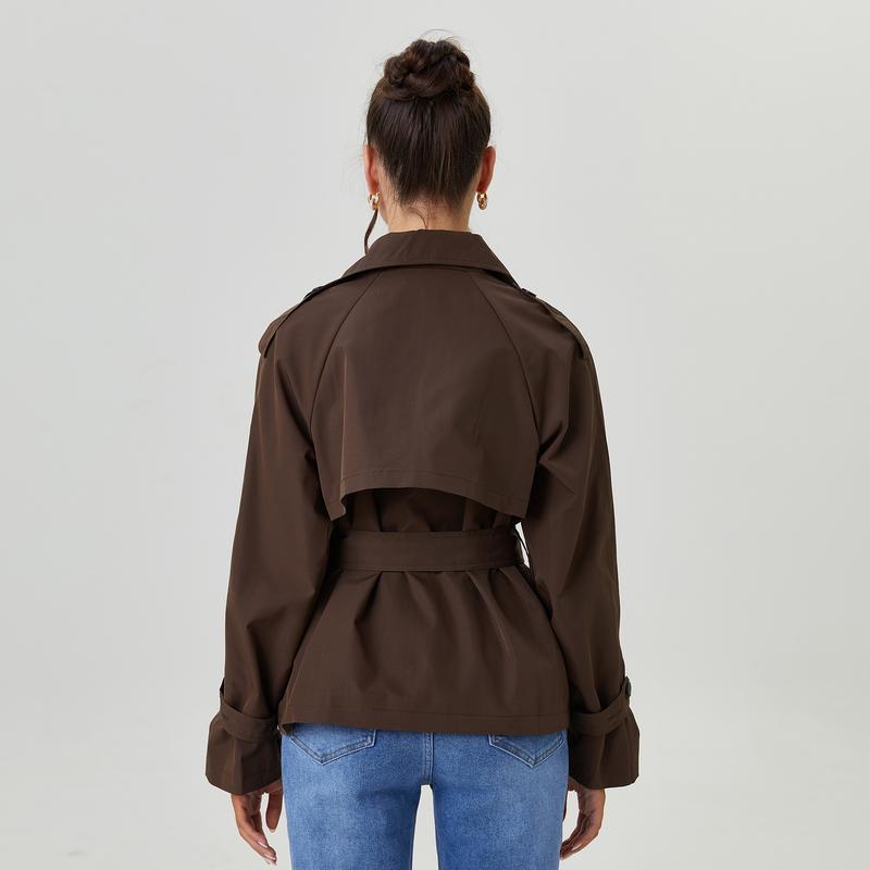 Women's Commuter Notch Lapel Double Breasted Detachable Belt Trench Coat, Fall & Winter Plain Wrap Tie Waist Outerwear Jacket, Elegant Trench Coat