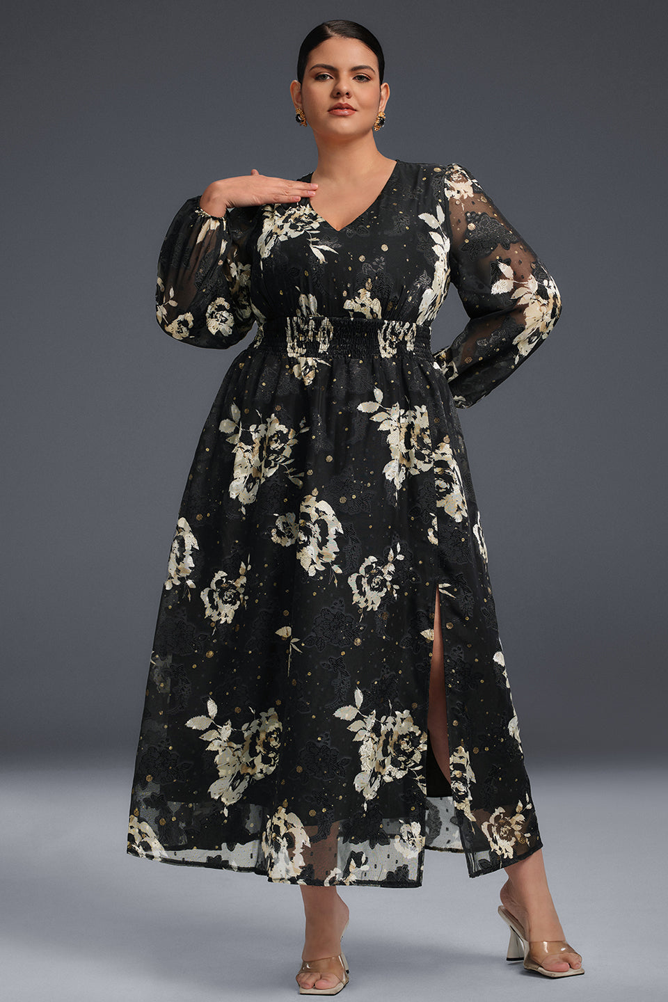 Curveins Plus Size V-Neck Long Sleeve Floral Slit Hem Maxi Dress