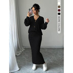 Women's Solid Button Front Sweater & Long Skirt Two-piece Set, Casual Drop Shoulder Long Sleeve Knit Top & High Waist Skirt for Daily Outdoor Wear, Women's Knitwear for Fall & Winter