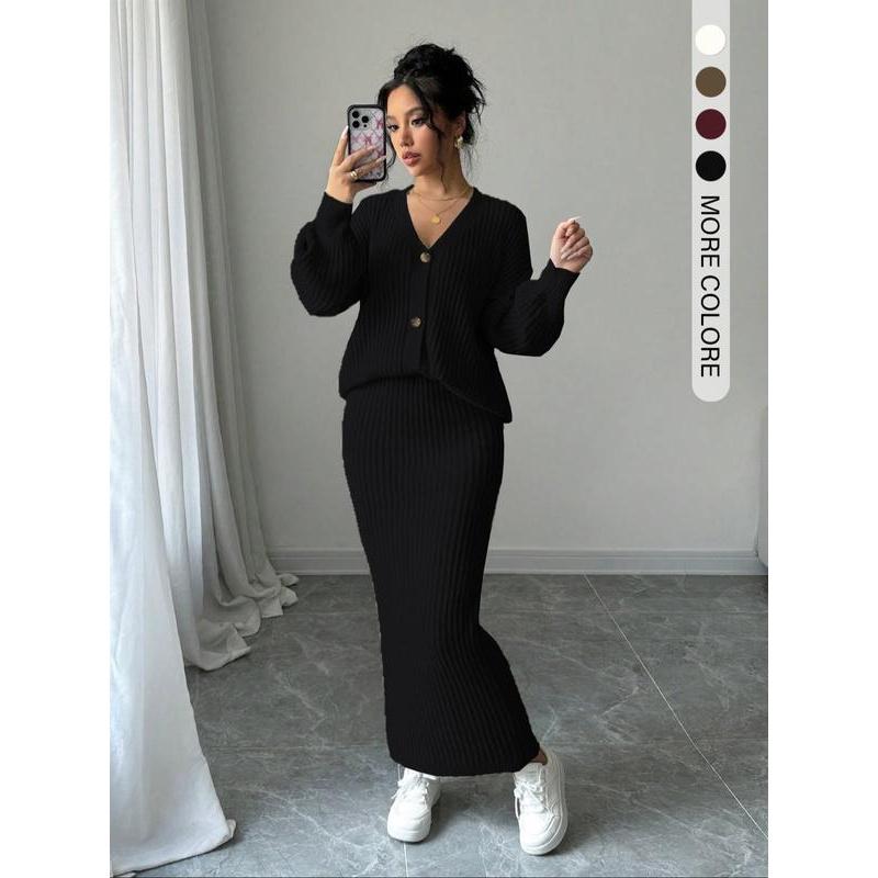 Women's Solid Button Front Sweater & Long Skirt Two-piece Set, Casual Drop Shoulder Long Sleeve Knit Top & High Waist Skirt for Daily Outdoor Wear, Women's Knitwear for Fall & Winter