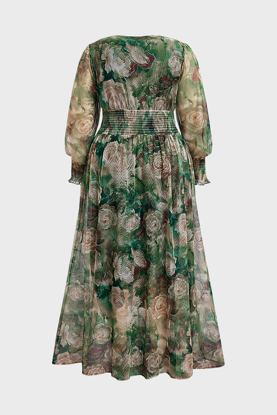 Curveins Plus Size V Neck Long Sleeve Floral Waist Maxi Dress