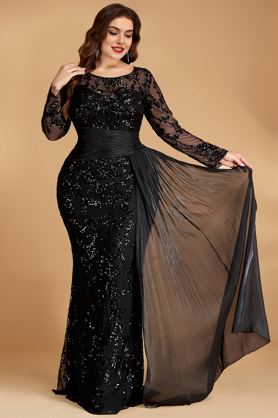 Curveins Plus Size Round Neck Embroidered Tie-Sash Bodycon Maxi Dress