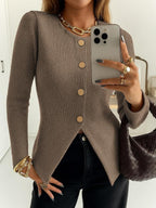 Women's Casual Elegant Ribbed Knit Button Long Sleeve Top, Fitted Plain Design, All Season Wear, Moderate Fabric Thickness