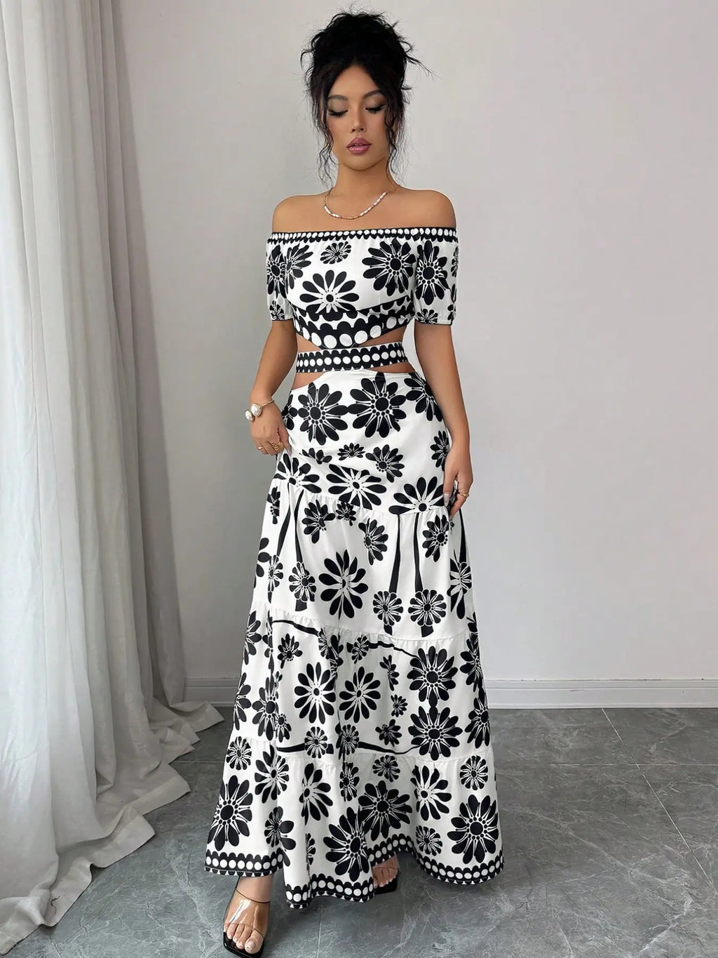 Women's off-the-shoulder short-sleeve floral dress with waist cutouts