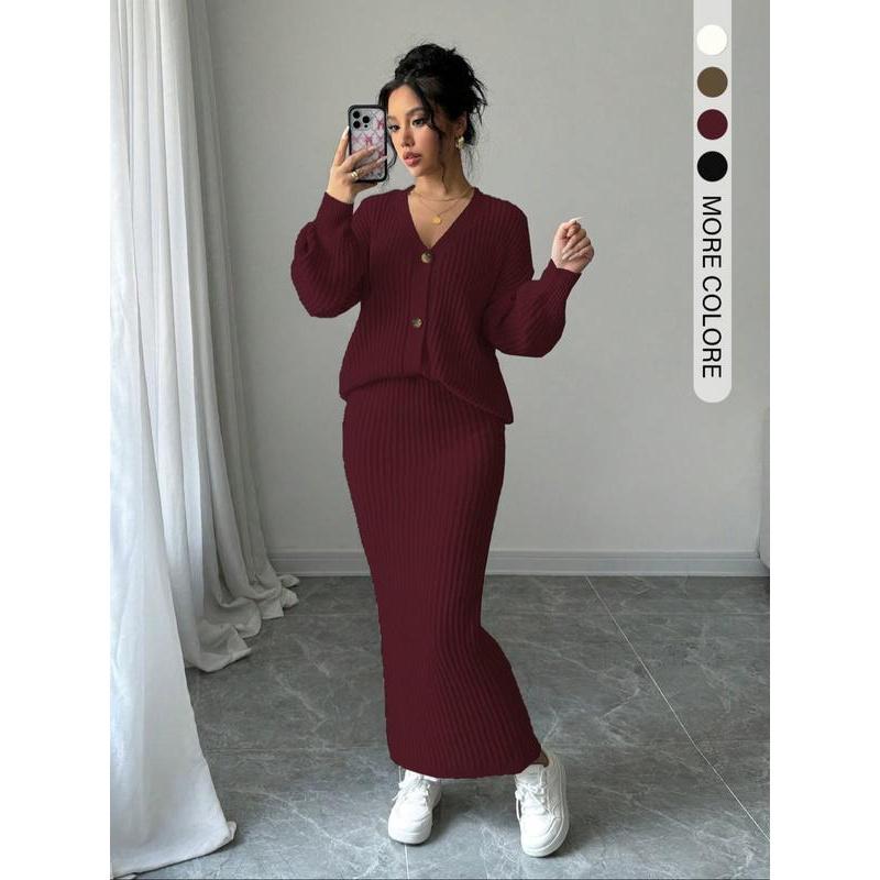 Women's Solid Button Front Sweater & Long Skirt Two-piece Set, Casual Drop Shoulder Long Sleeve Knit Top & High Waist Skirt for Daily Outdoor Wear, Women's Knitwear for Fall & Winter