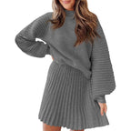 Women's 2 Piece Outfits 2025 Long Sleeve Mock Neck Ribbed Sweaters And Mini Skirt Two Piece Sets