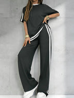 Women's Casual Athleisure Sportswear Set, Solid Color Round-Neck Short-Sleeve Split-Hem Top and Striped Long Pants, Spring/Summer Two-Piece Set