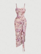 Women's Floral Print Ruched Asymmetrical Hem Dress