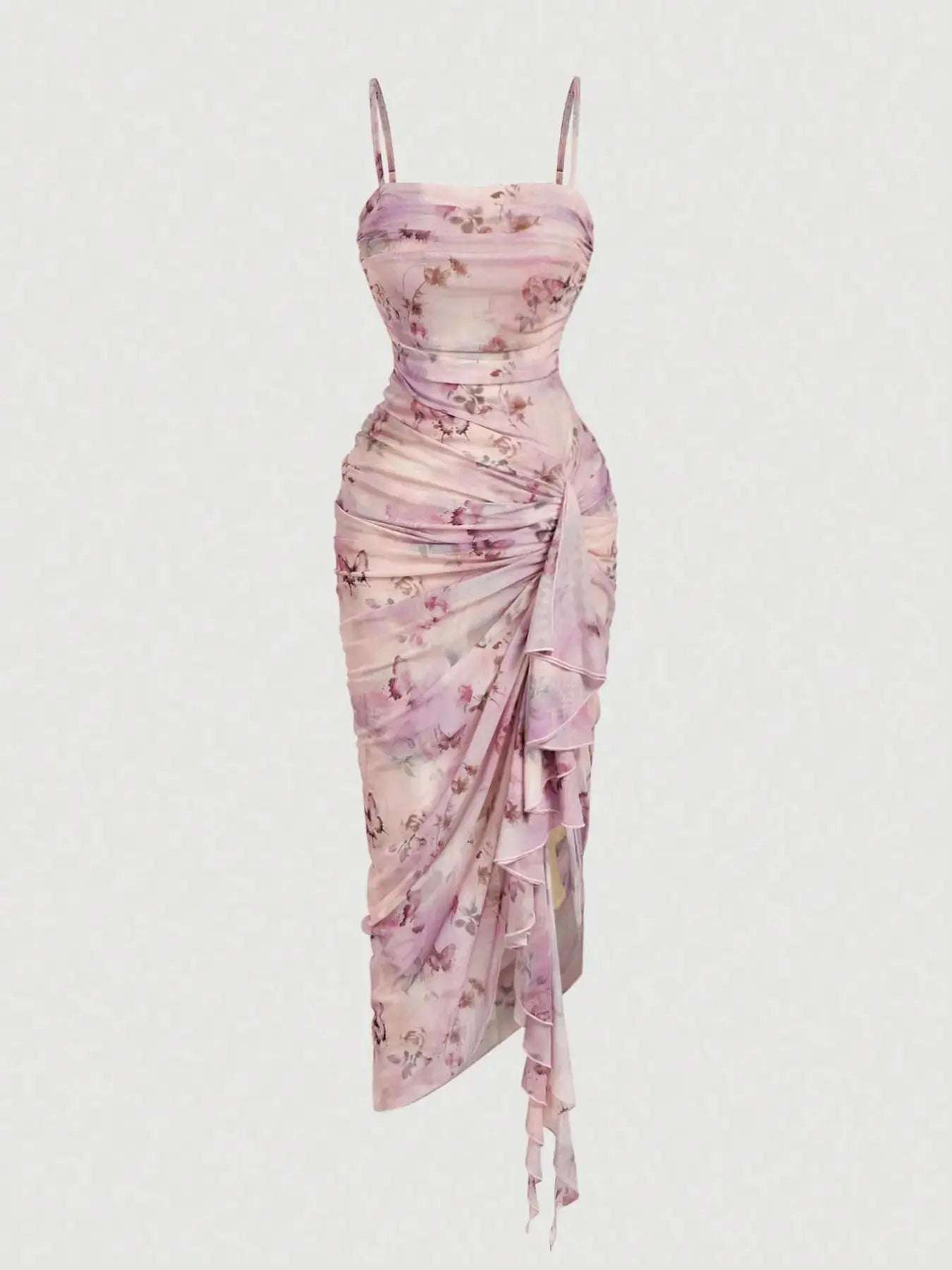 Women's Floral Print Ruched Asymmetrical Hem Dress