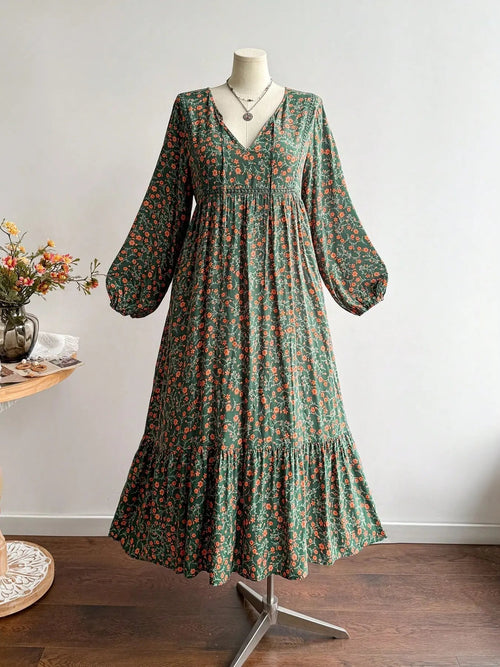 Plus Size Women's Floral Woven Dress, Fall Winter V Neck Tie Back Lace Trim Long Sleeve Maxi Dress, Casual Elegant Fashion