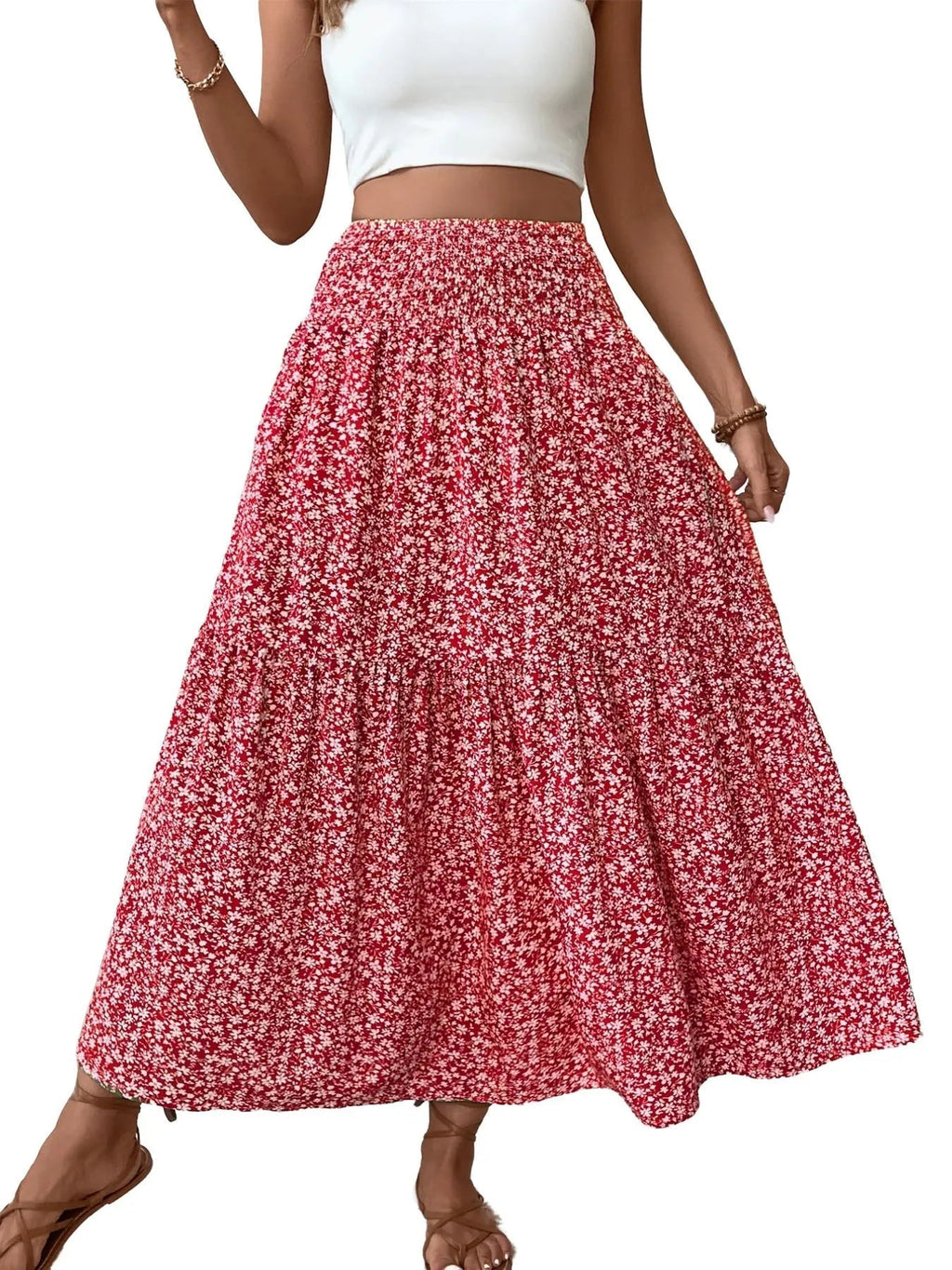 Women's Floral Casual A-Line Skirt, Elastic Waist Pockets, Leaf Hem, Long Fitted Skirt, Fashionable Mid-Length Dress