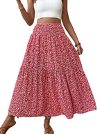 Women's Floral Casual A-Line Skirt, Elastic Waist Pockets, Leaf Hem, Long Fitted Skirt, Fashionable Mid-Length Dress