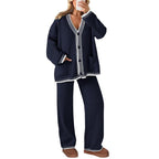 Women's 2 Piece Set Winter Knit Outfits Matching Loungewear Long Sleeve V Neck Cardigan Sweaters Wide Leg Pants Tracksuits