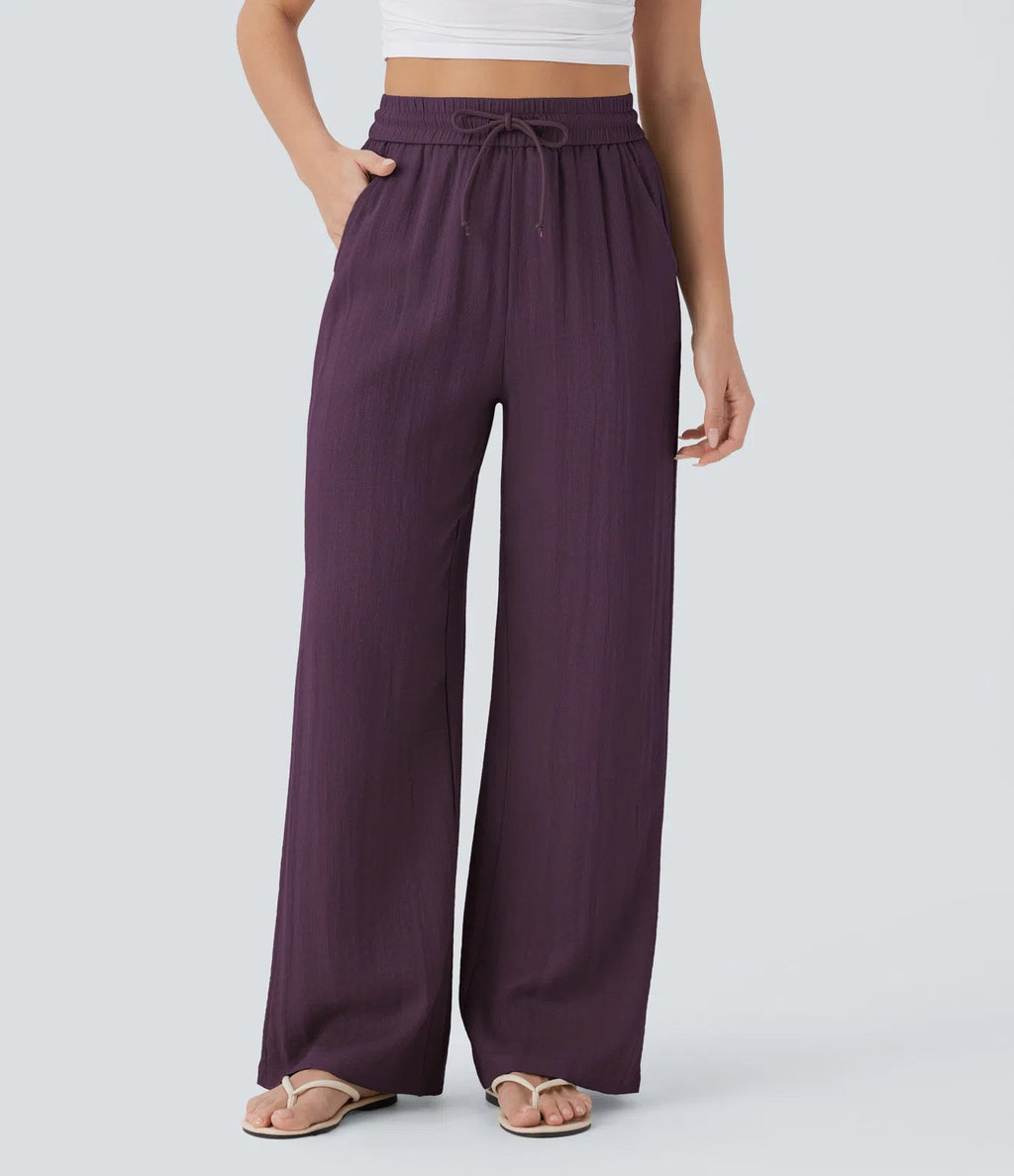 Casual High-Waisted Linen Trousers with Drawstring and Wide Pockets