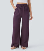 Casual High-Waisted Linen Trousers with Drawstring and Wide Pockets