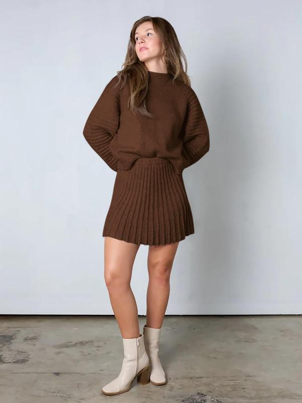 Women's 2 Piece Outfits 2025 Long Sleeve Mock Neck Ribbed Sweaters And Mini Skirt Two Piece Sets