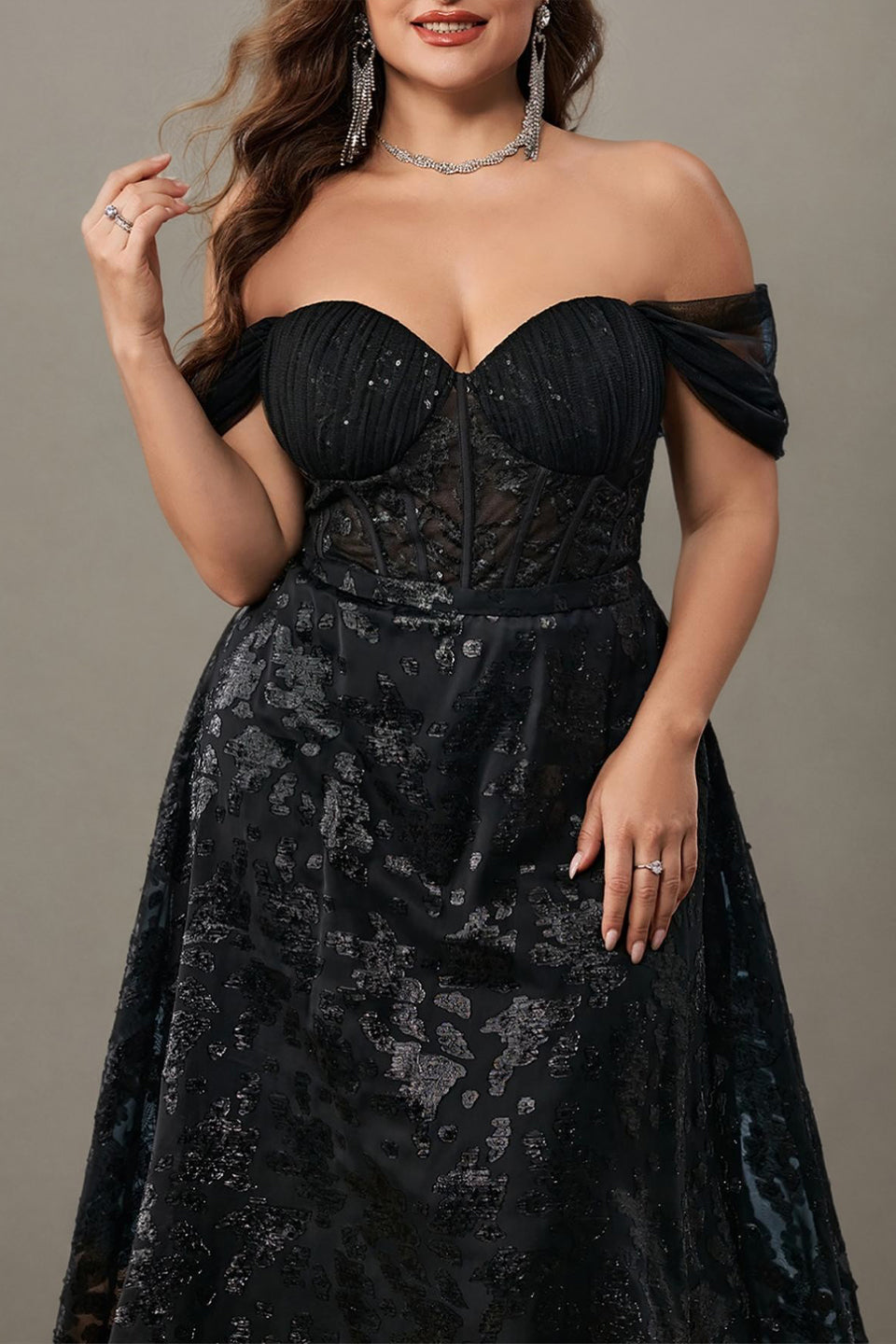 Curveins Plus Size Sparkly Floral Off Shoulder Fitted Waist Maxi Dress
