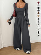 Women's Fall Winter Knit Wide Leg Jumpsuit, Casual Fashion Plain Color Round Neck One-Piece, Versatile Long Sleeve Romper