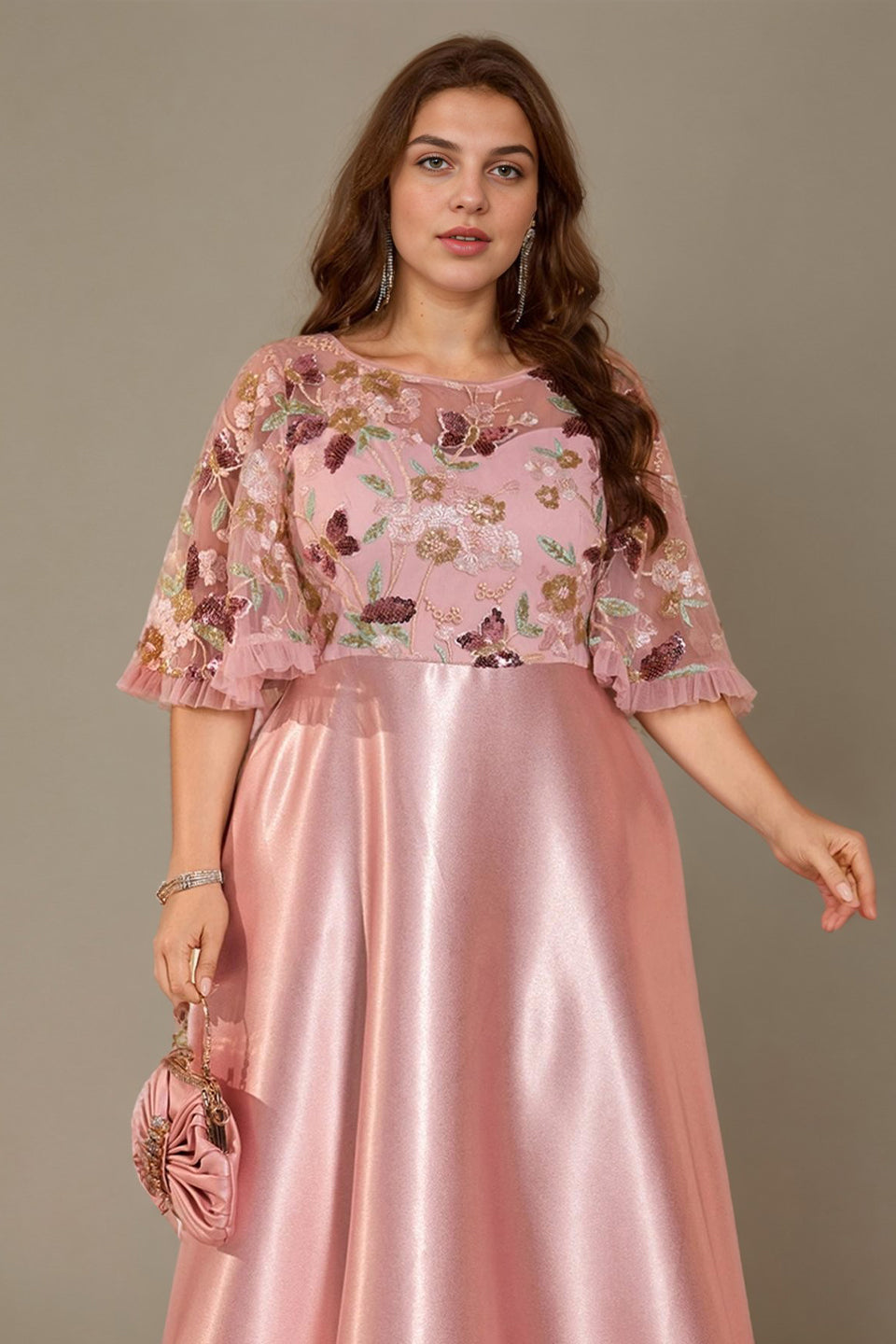Curveins Plus Size Round Neck Batwing Sleeve Ruffle Patchwork Elegant Maxi Dress