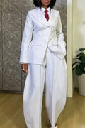 Women Collar Vertical Stripe Jacket+ Wide Leg Pants Temperament Commuting Formal Suit