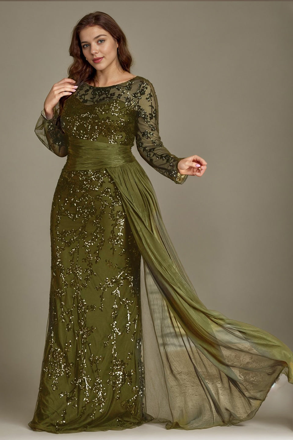 Curveins Plus Size Round Neck Embroidered Tie-Sash Bodycon Maxi Dress