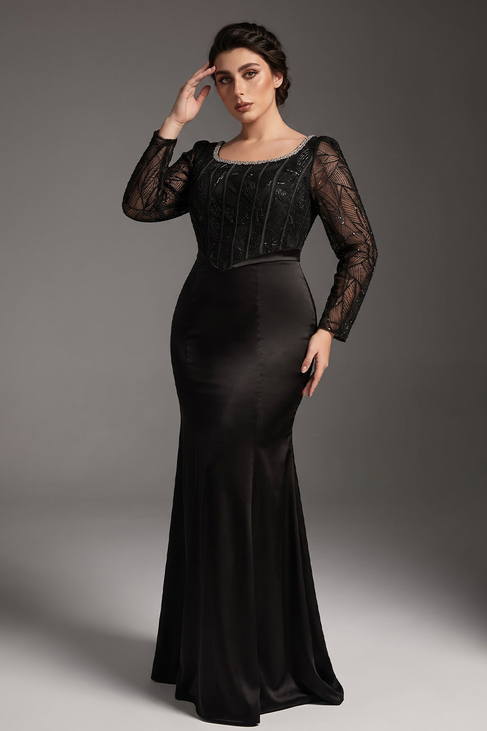 Curveins Plus Size Round Neck Long Sleeve Patchwork Ruched Waist Bodycon Maxi Dress